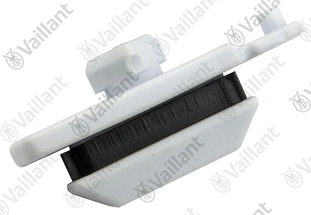 Weißes Bauteil von Vaillant, vermutlich ein Halter oder Clip, mit schwarzem Gummielement. Das Produkt sieht nach einem Zubehörteil für Heiz- oder Klimaanlagen aus.